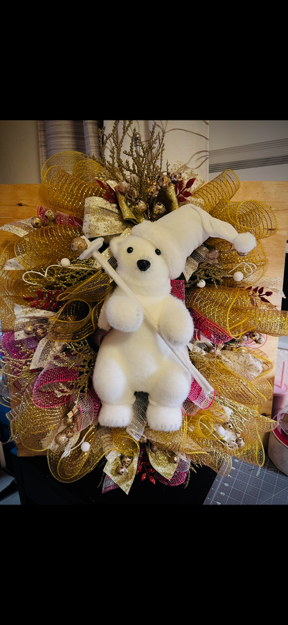 Golden Winter Polar Bear Christmas Wreath | Corona Navideña Oso Polar Dorada