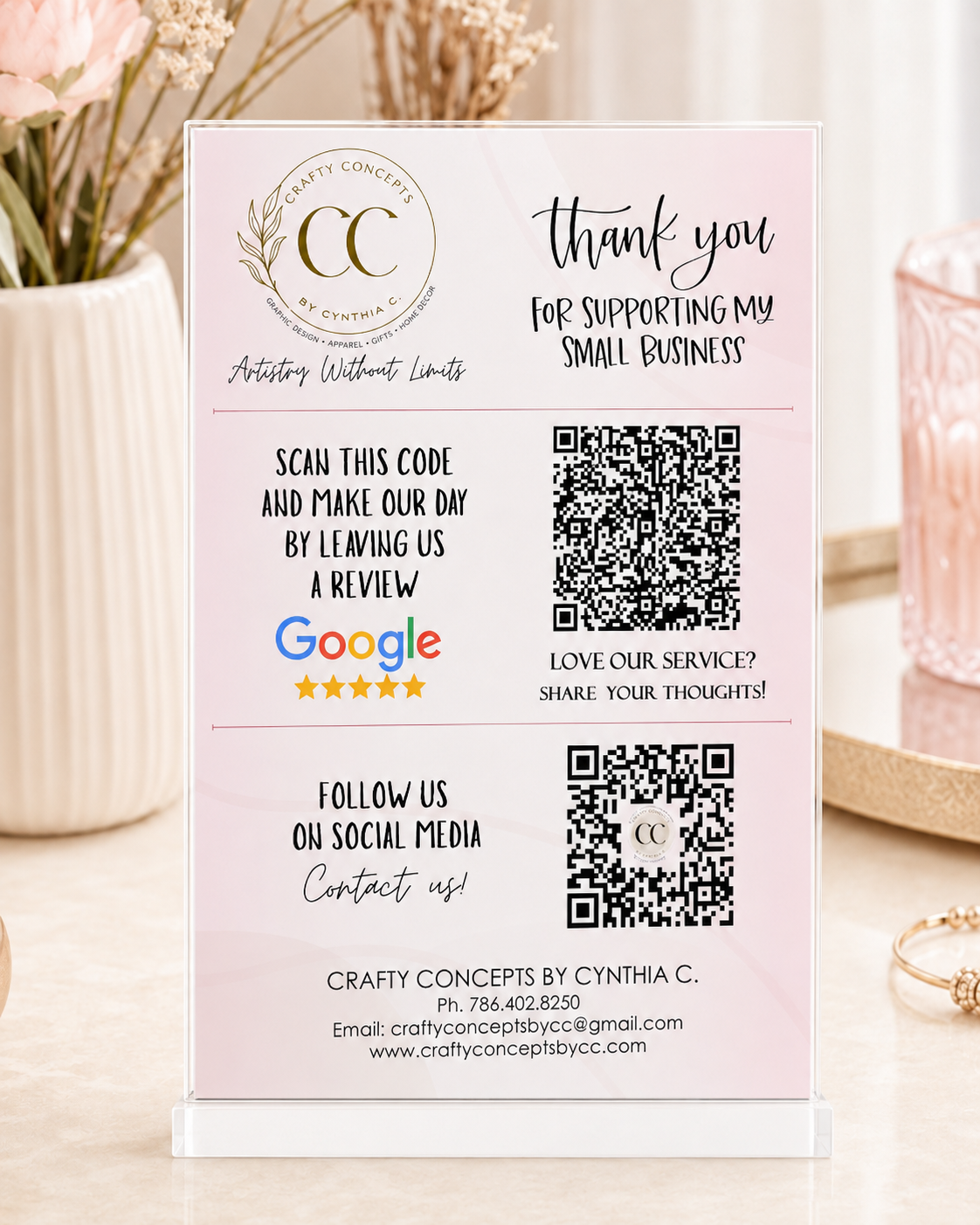 Custom Acrylic QR Code Sign · Google Review, Social Media, WiFi & Payment Display · Full Color or 3D Gold Accents
