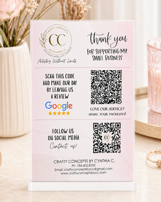 Custom Acrylic QR Code Sign · Google Review, Social Media, WiFi & Payment Display · Full Color or 3D Gold Accents