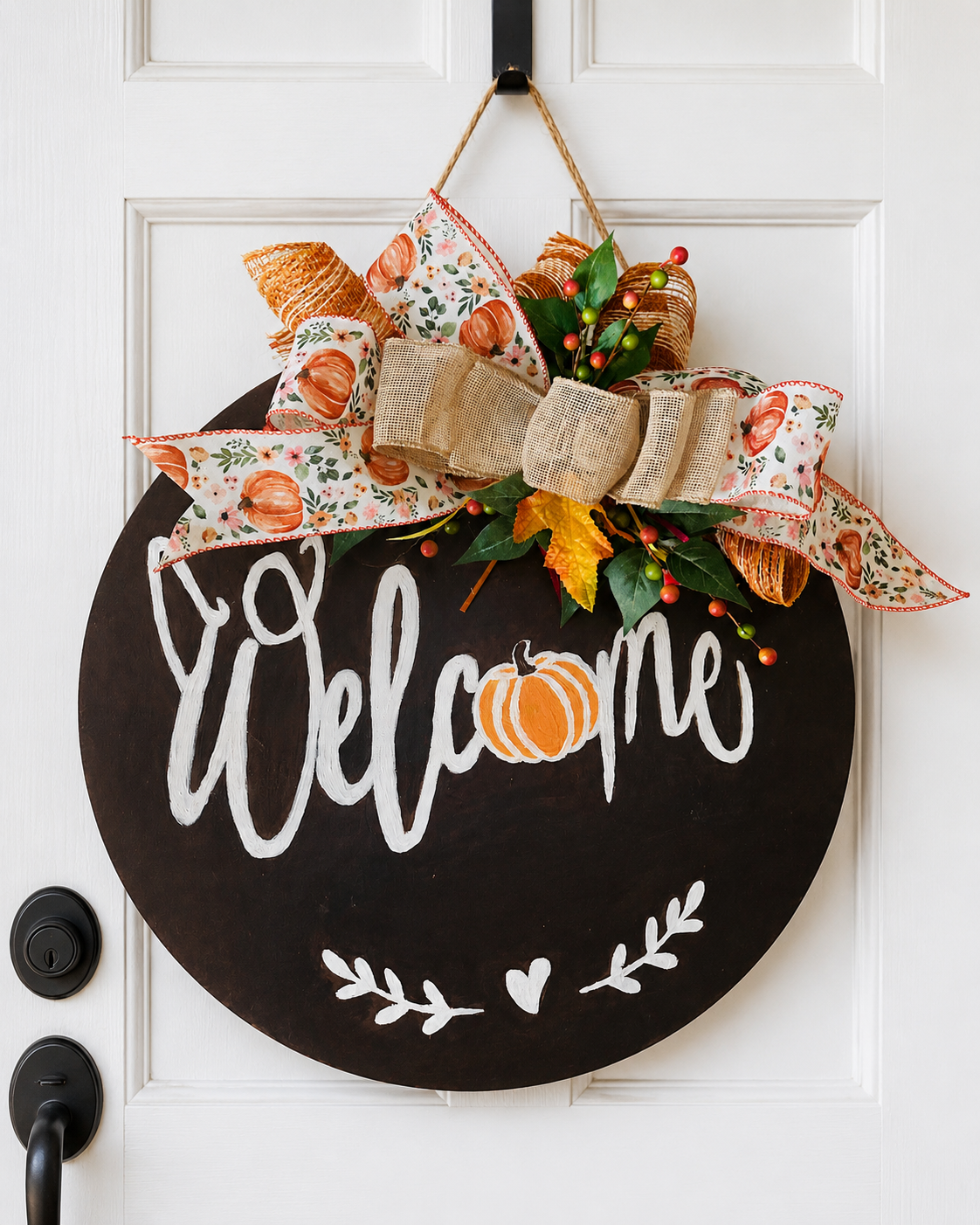 18-inch round hand-painted wooden fall Welcome door hanger in chalkboard black with white script and an orange pumpkin, topped with a burlap and fall floral pumpkin-print bow with autumn leaves and berries
