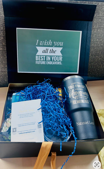 Farewell Gift Box | "Wish You All The Best" Going Away Gift for Coworker | Personalized Engraved Tumbler & Treats