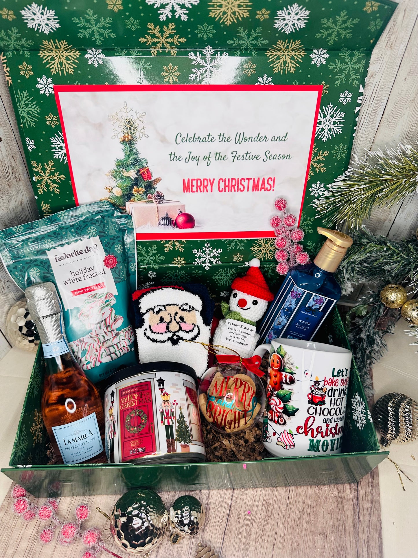 Deluxe Christmas Holiday Gift Box – Mug, Candle, Ornament, Socks, Treats & Winter Essentials