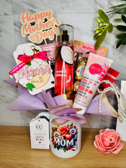 Mug bouquet gift set featuring a 15 oz ceramic mug, coconut hibiscus body mist, and Ferrero Rocher chocolates.