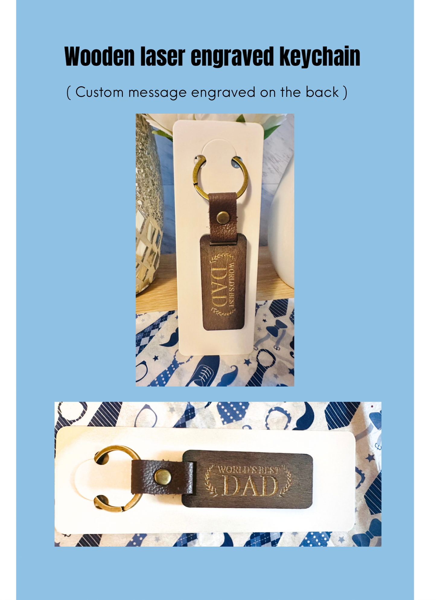 Laser engraved wooden keychain personalized with names or custom Father’s Day message