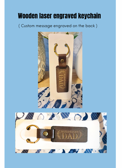 Laser engraved wooden keychain personalized with names or custom Father’s Day message