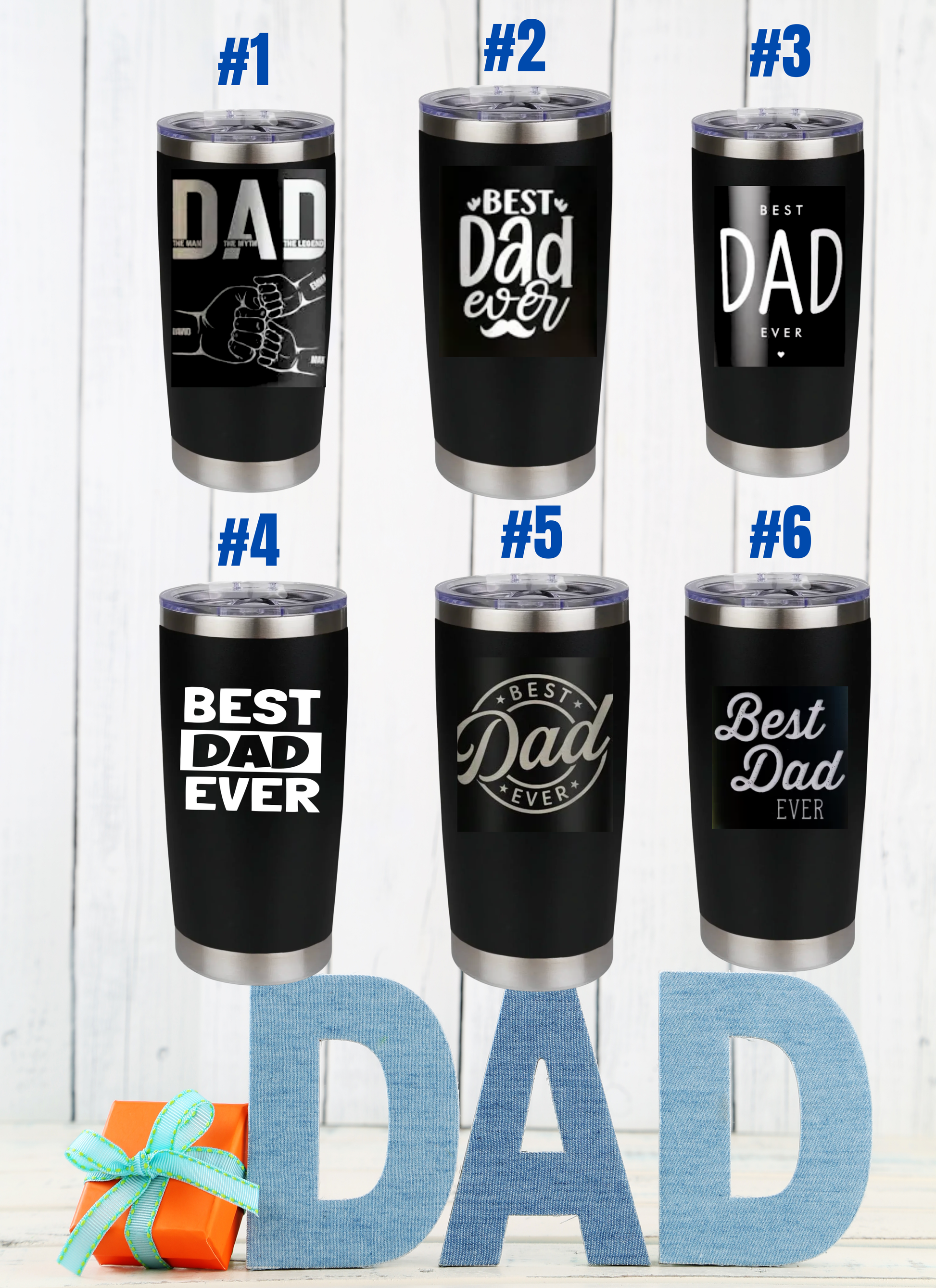 Multiple Father’s Day laser engraved tumbler design options featuring Best Dad Ever styles, modern dad graphics, vintage Father’s Day artwork, and personalized tumbler gift ideas for dad