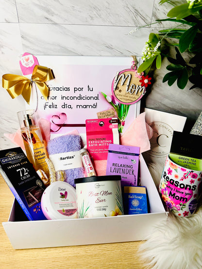 Luxury Mother's Day Spa Gift Box featuring a personalized mug, lavender spa products, scented candle, and fuzzy socks, beautifully arranged in a gift box