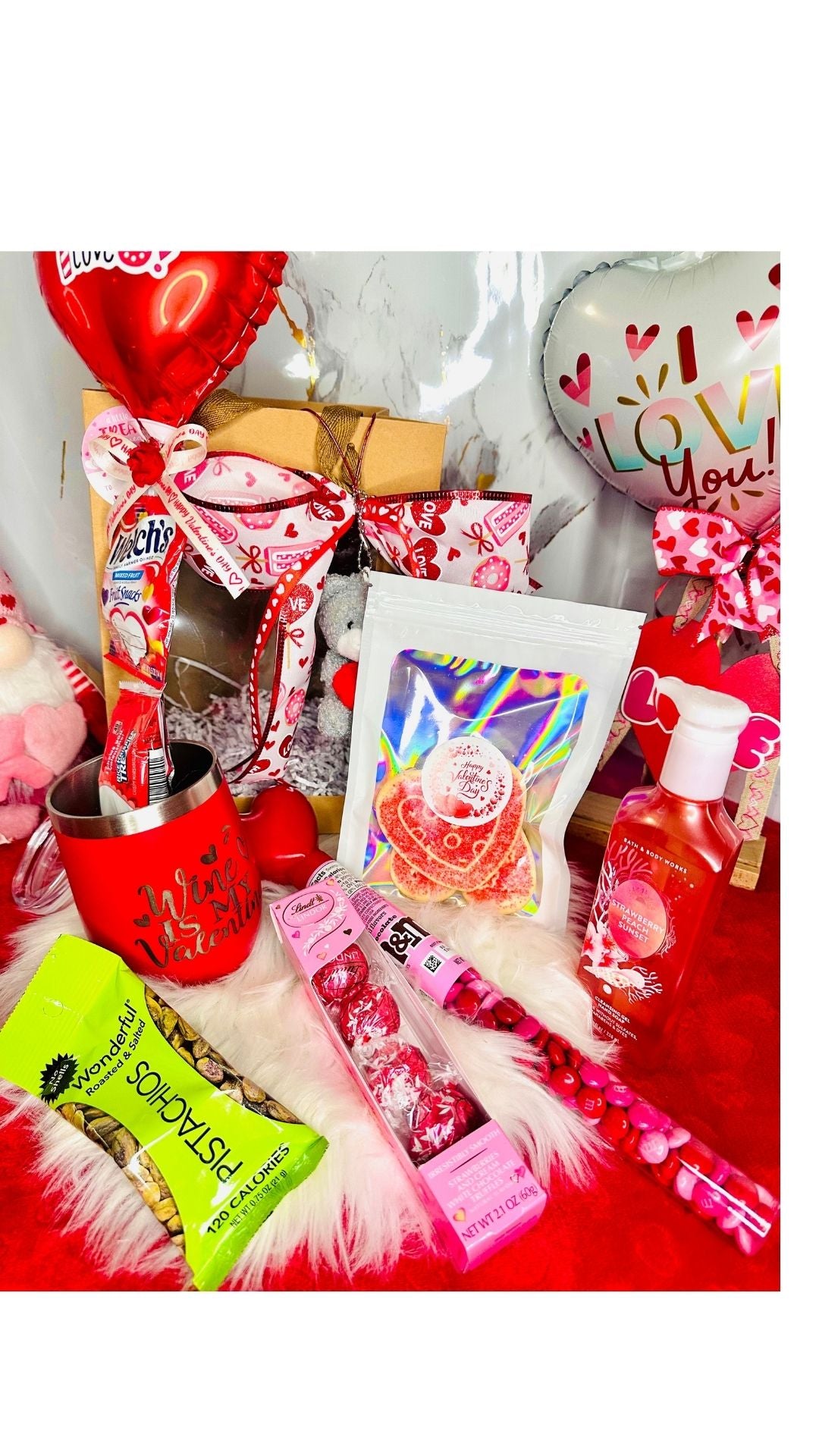Valentine’s Day Gift Basket Set - coffee mug Lindor Truffles, Plush Bear & Spa Treats