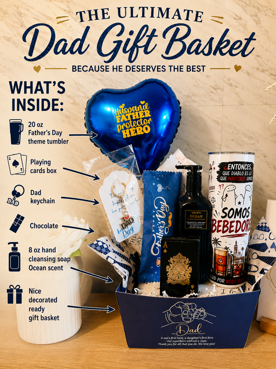 Ultimate Dad Gift Basket featuring a 20 oz Father's Day tumbler, playing cards, Dad keychain, chocolate treat, ocean scent hand soap, decorative balloon, and premium gift basket presentation.