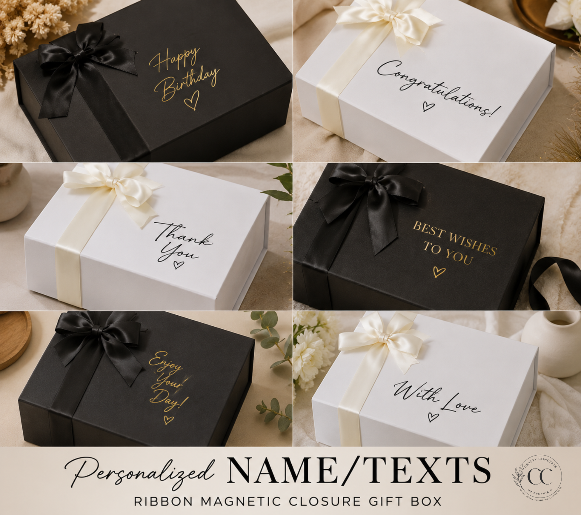Six gift boxes shown in a collage, alternating black and white, with satin ribbons and bow closures and personalized text such as Happy Birthday, Congratulations, Thank You, and Best Wishes to You. A banner at the bottom reads 'Personalized NAME/TEXTS' and 'Ribbon Magnetic Closure Gift Box.