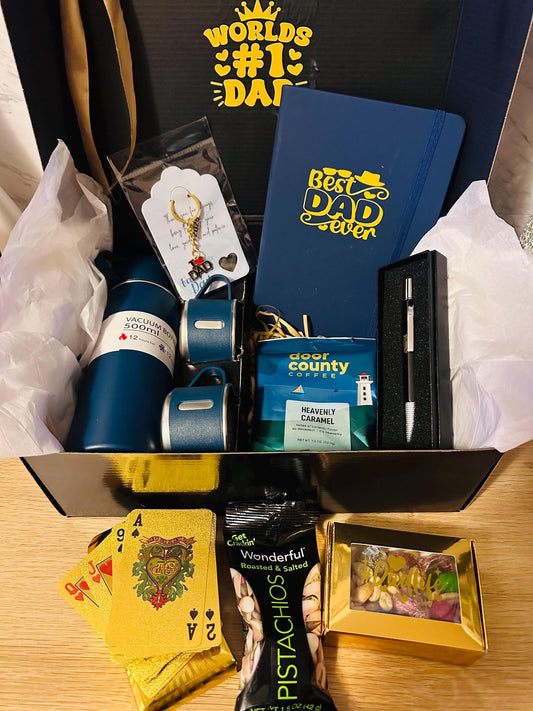 Worlds #1 Dad gift box hamper with 500ml insulated flask thermos with two cups.  Best Dad Ever notebook, pen gift set, Door County caramel coffee, pistachios, gold foil playing cards, and a Dad Life candy box.