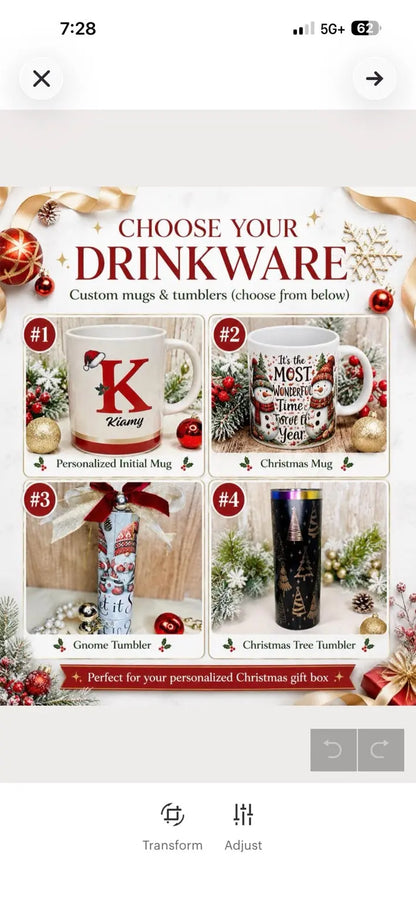 Christmas gift box drinkware choices personalized mug Christmas mug gnome tumbler and laser engraved Christmas tree tumbler