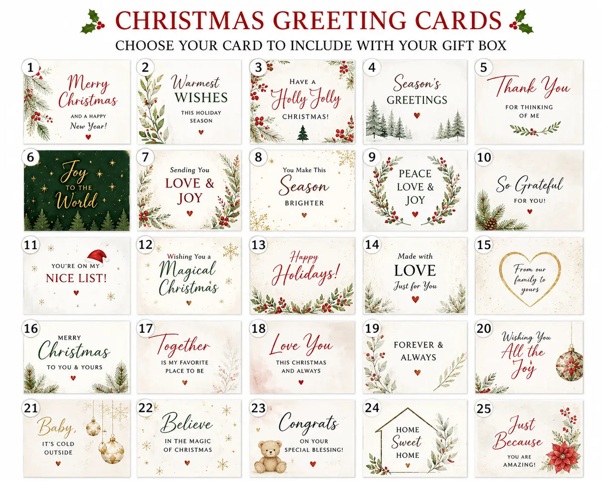 25 Christmas greeting card choices included with personalized holiday gift box