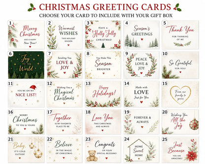 25 Christmas greeting card choices included with personalized holiday gift box