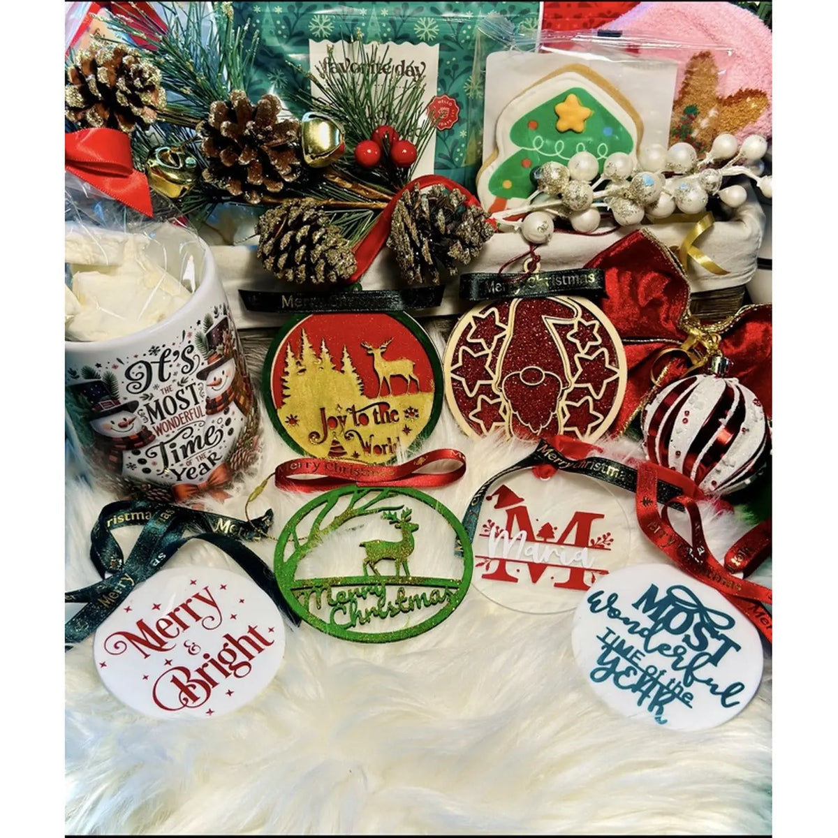 Handmade Christmas ornament choices in wood and acrylic