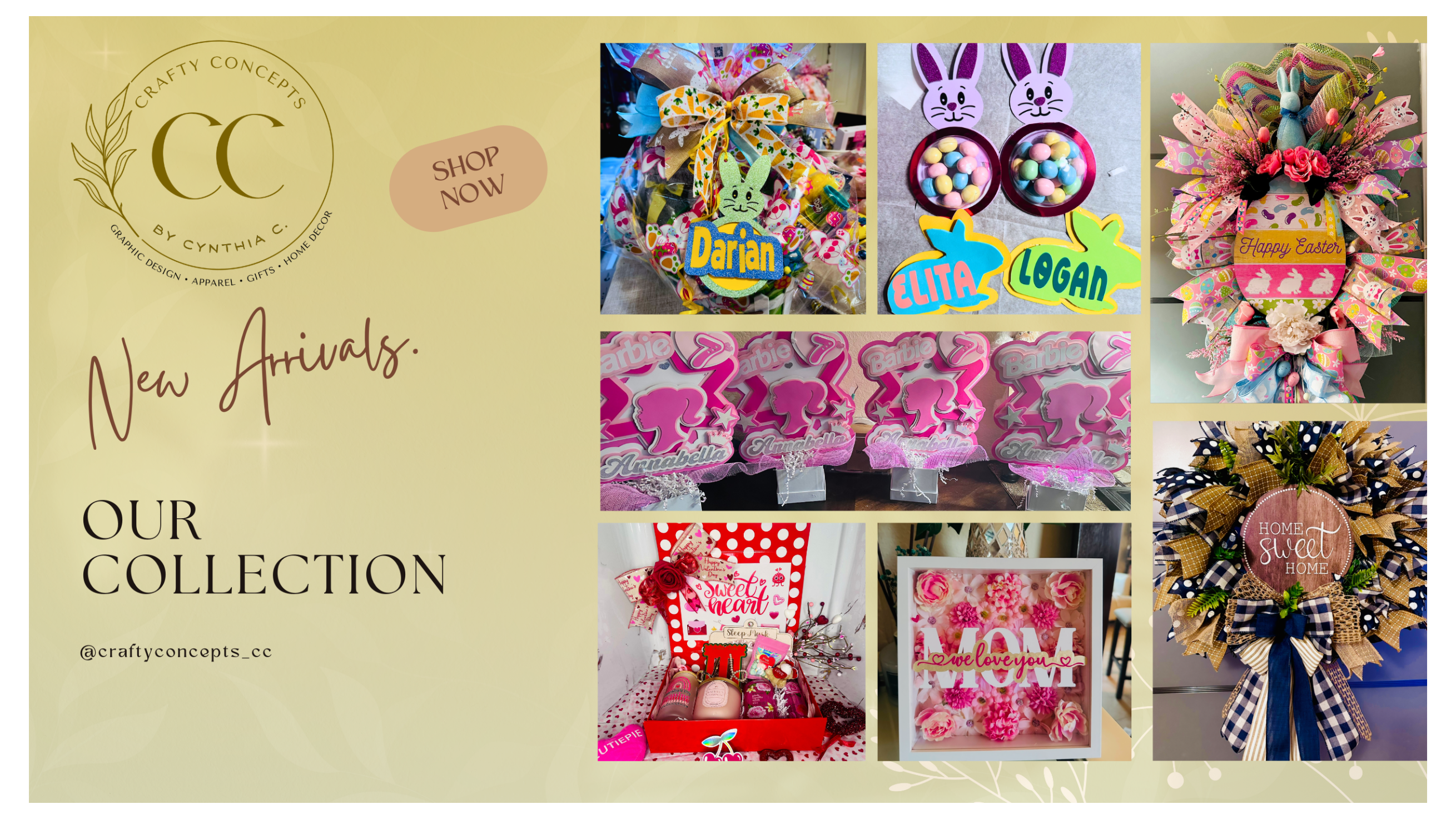 Collage of handmade wreaths, personalized name signs, and custom gift baskets by Crafty Concepts by Cynthia