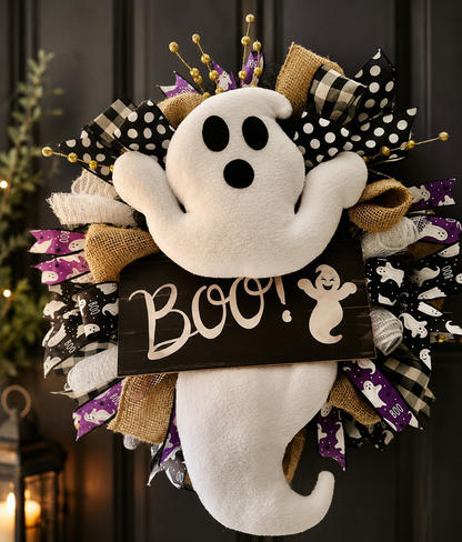 Handmade Halloween door wreath with plush white ghost holding a wooden “Boo!” sign, purple ghost-print ribbon, black and white polka dot and buffalo check bows, burlap and gold berry accents