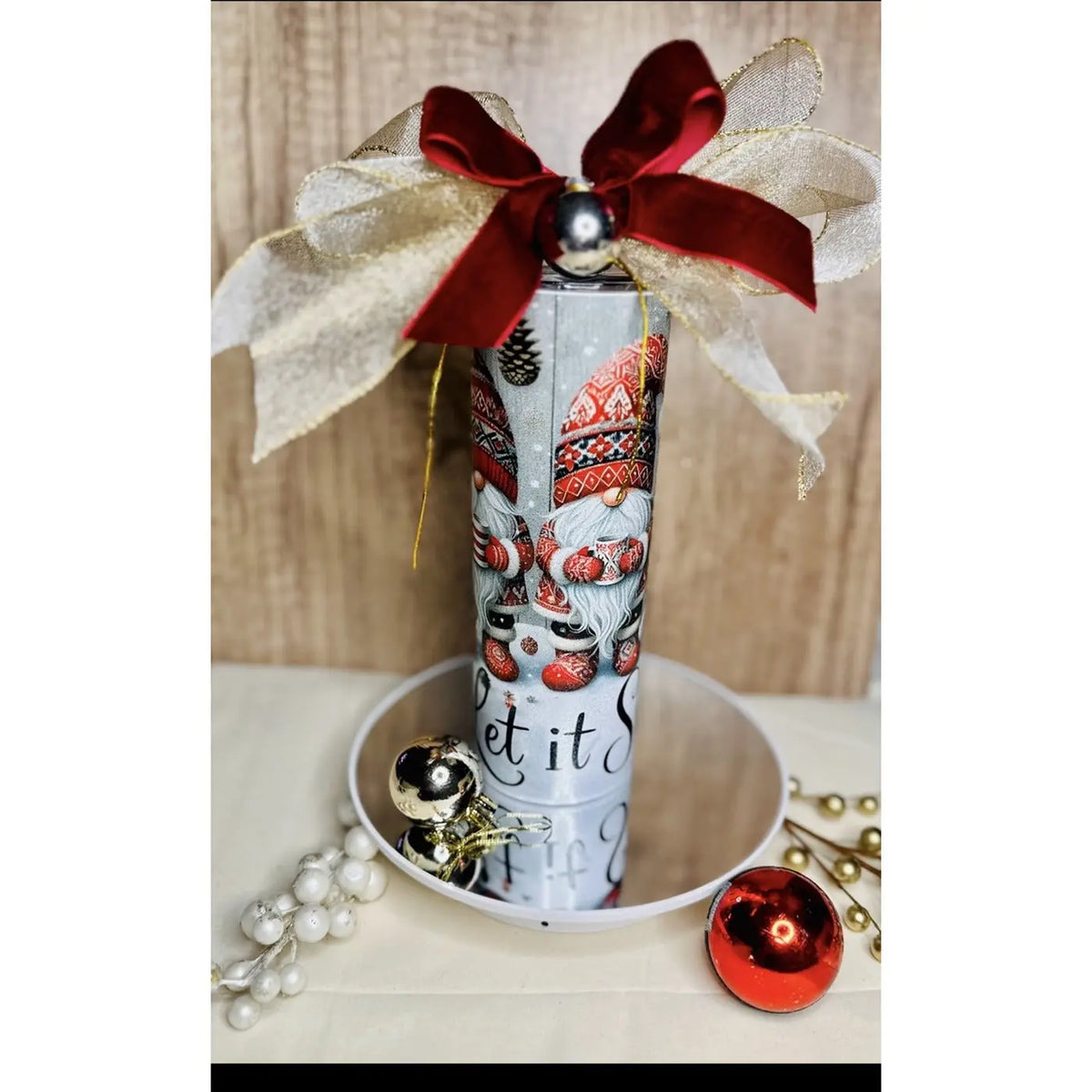 Christmas gnome tumbler with festive bow gift option