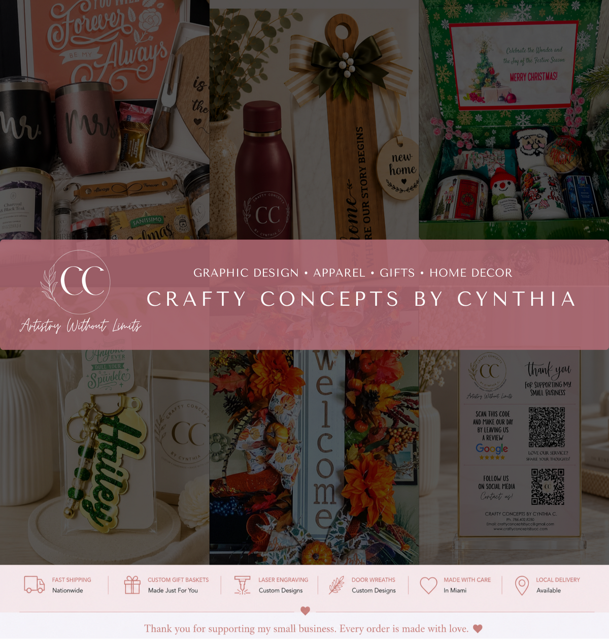 Crafty Concepts by Cynthia banner featuring custom gift baskets, seasonal door wreaths, personalized tumblers, laser engraved cutting boards, acrylic business signs and custom gifts in Miami.