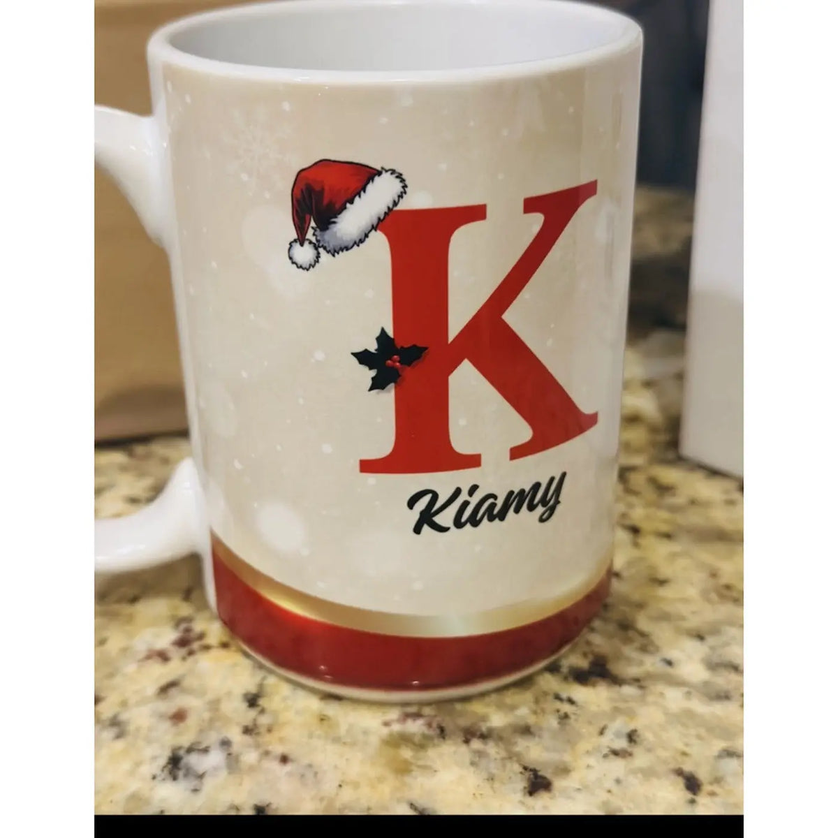 Personalized Christmas ceramic mug with initial and name
