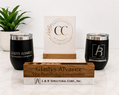 Personalized corporate executive gift set with engraved tumblers and custom wooden desk nameplate