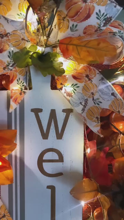 24" Lighted Fall Welcome Wreath | Lit Pumpkin Front Door Decor | Autumn LED Wreath