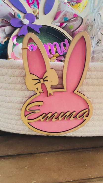 Personalized Easter Basket with Laser Cut Name Tag & Candy Shaker Bunny | Custom Kids Easter Gift