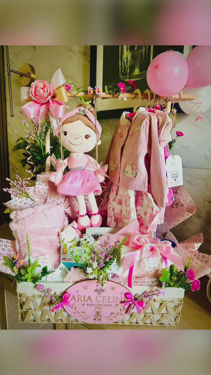 Deluxe Baby Shower Gift Basket with Clothing Rack | Engraved Name Sign & Plush Doll | Local Miami Delivery