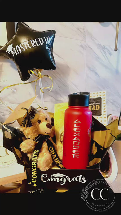 Congrats Grad Gift Basket – Personalized Laser-Engraved Water Bottle, Plush Bear & Chocolates