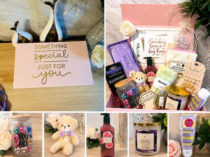 Gift box contents with tumbler candle and spa items