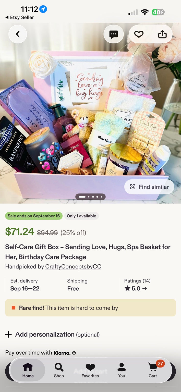 Self-care gift box with spa items, candle, mug, treats and sending love and hugs card
