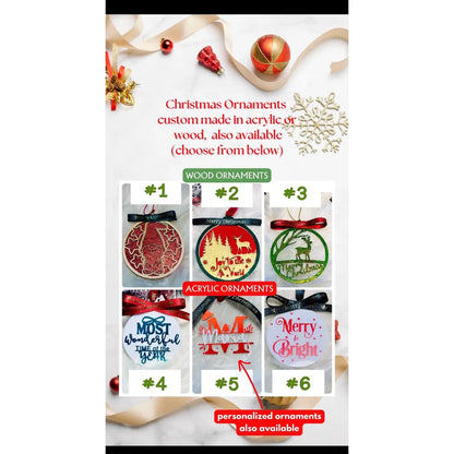 Six Christmas ornament options in wood and acrylic including personalized design