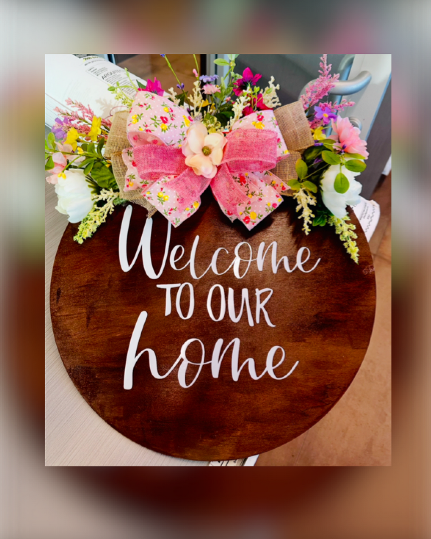 Welcome to Our Home Wooden Door Sign with Floral Bow 🌸